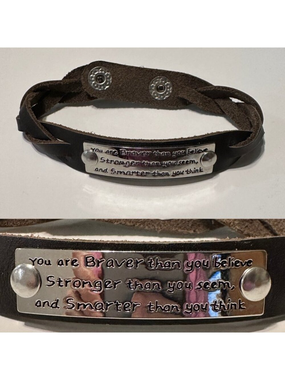 Stainless Steel Inspirational Word Connector Plate Brown Leather Snap Bracelet